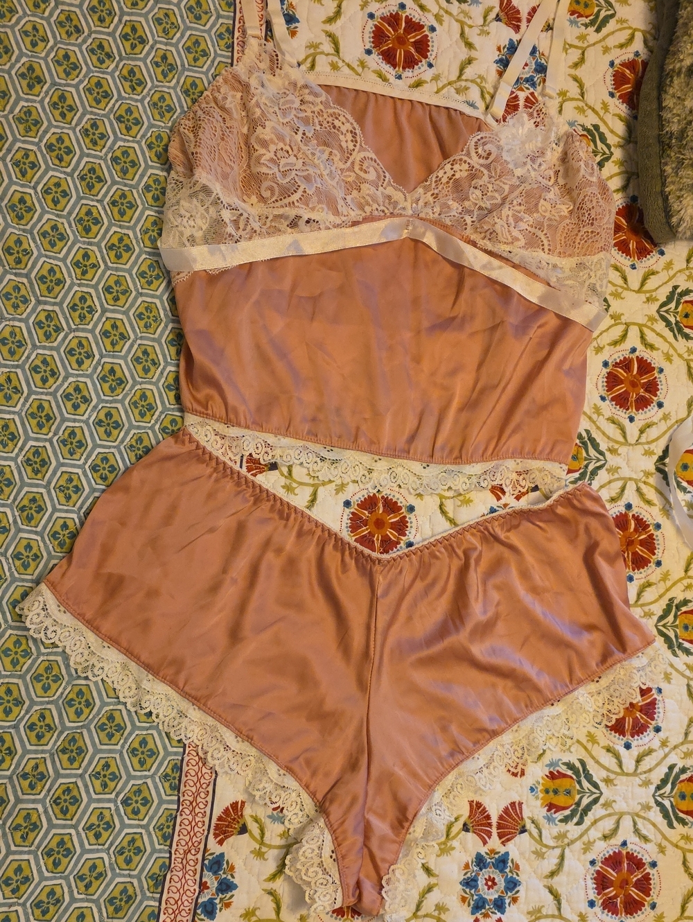 Soft Pink Lace-Trim Satin Romper Sleeper